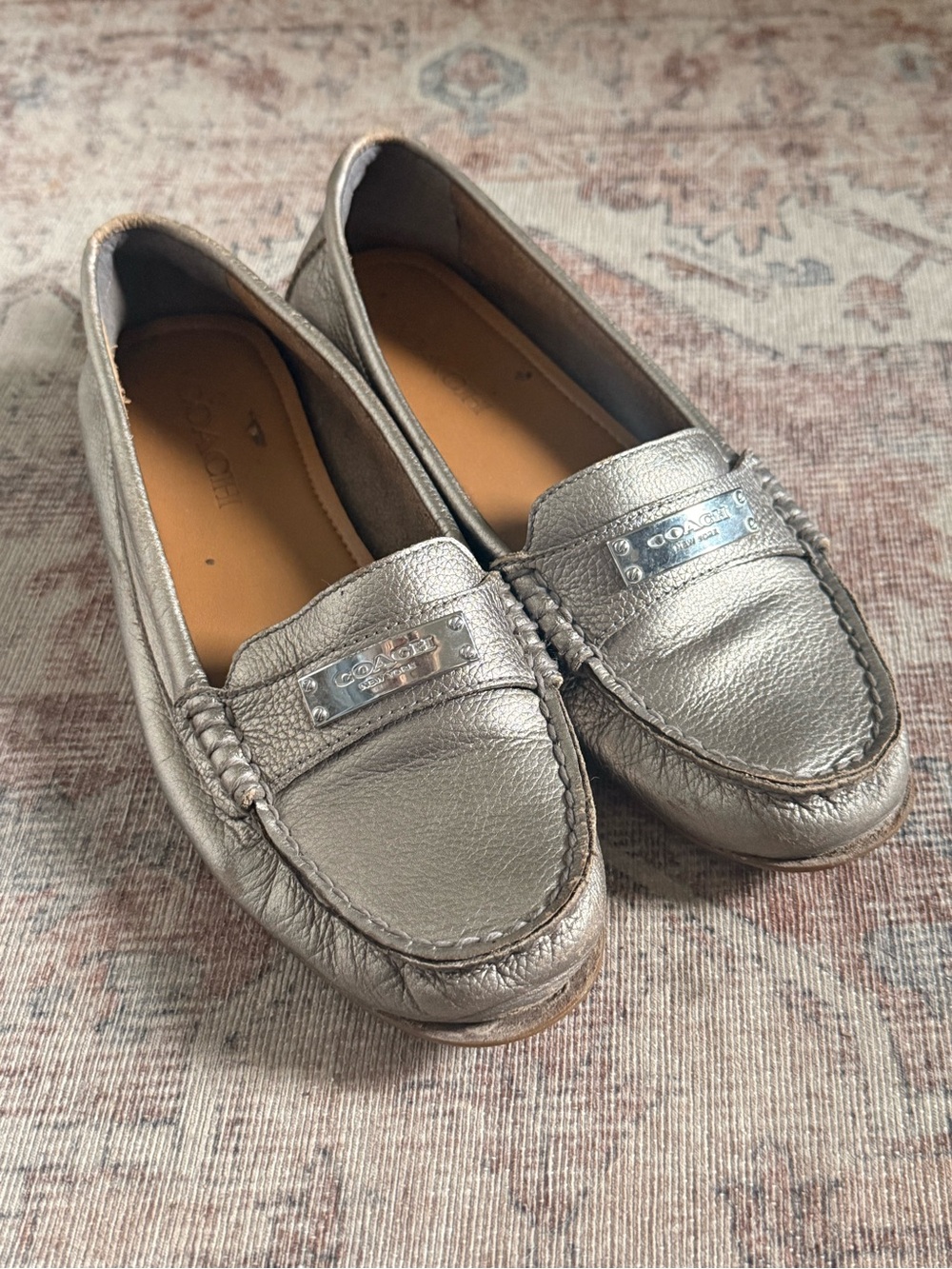 Fredrica Coach Women’s Metallic Silver Leather Moccasin Loafers
